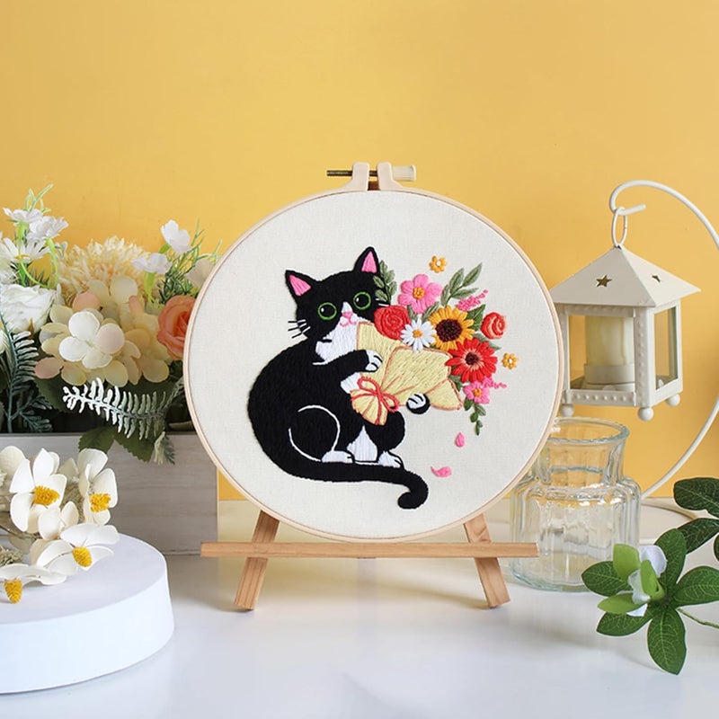Nuberlic Black Cat Flowers Embroidery Kits for Beginners, DIY Cross Stitch Starter Craft Kits for Adults Including Cloth with Pattern, Hoop, Needles Instruction and Threads - Image 4